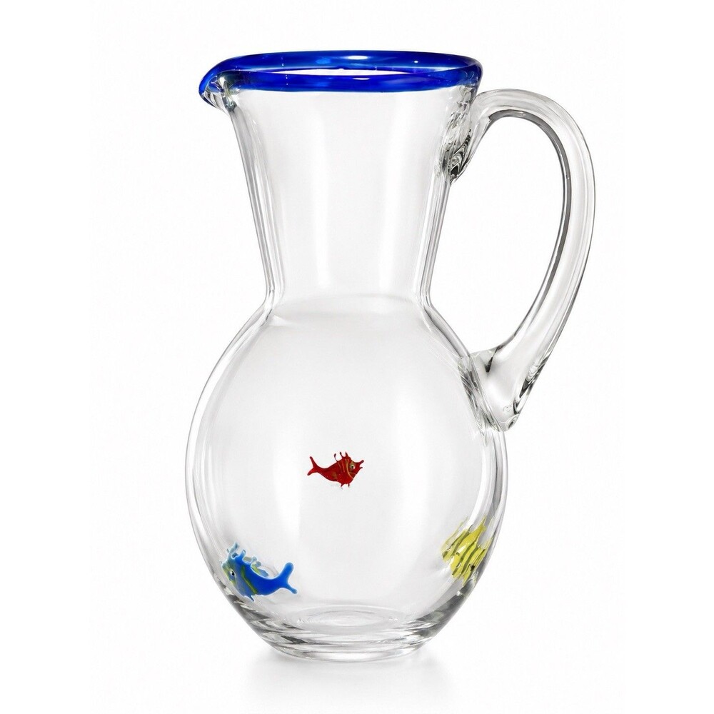 Signed Annieglass Tropical Fish Pitcher Cobalt Blue Rim Hand Blown Art Glass